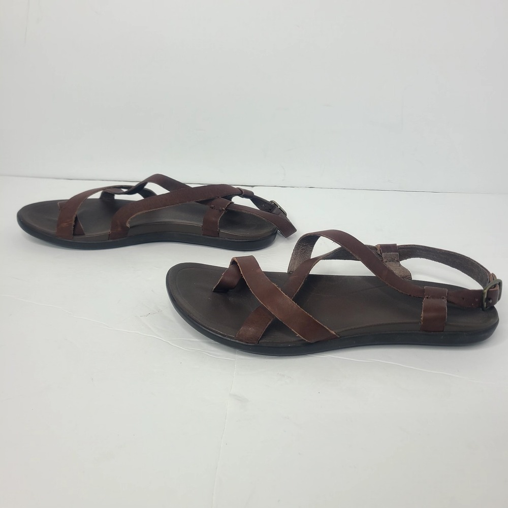 Olukai Upena Sandals Women's 9 Brown Leather Toe Loop Criss Cross Strappy - Picture 3 of 9
